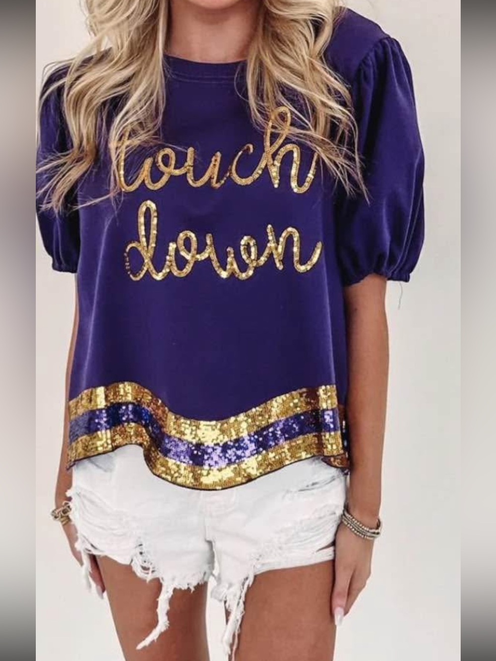 LSU Sequin 'Touchdown' Puff Sleeve Top - Purple & Gold